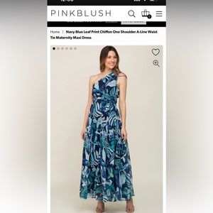 Pinkbkush Blue Leaf Print Chiffon One Shoulder Waist Tie Maternity Maxi Dress